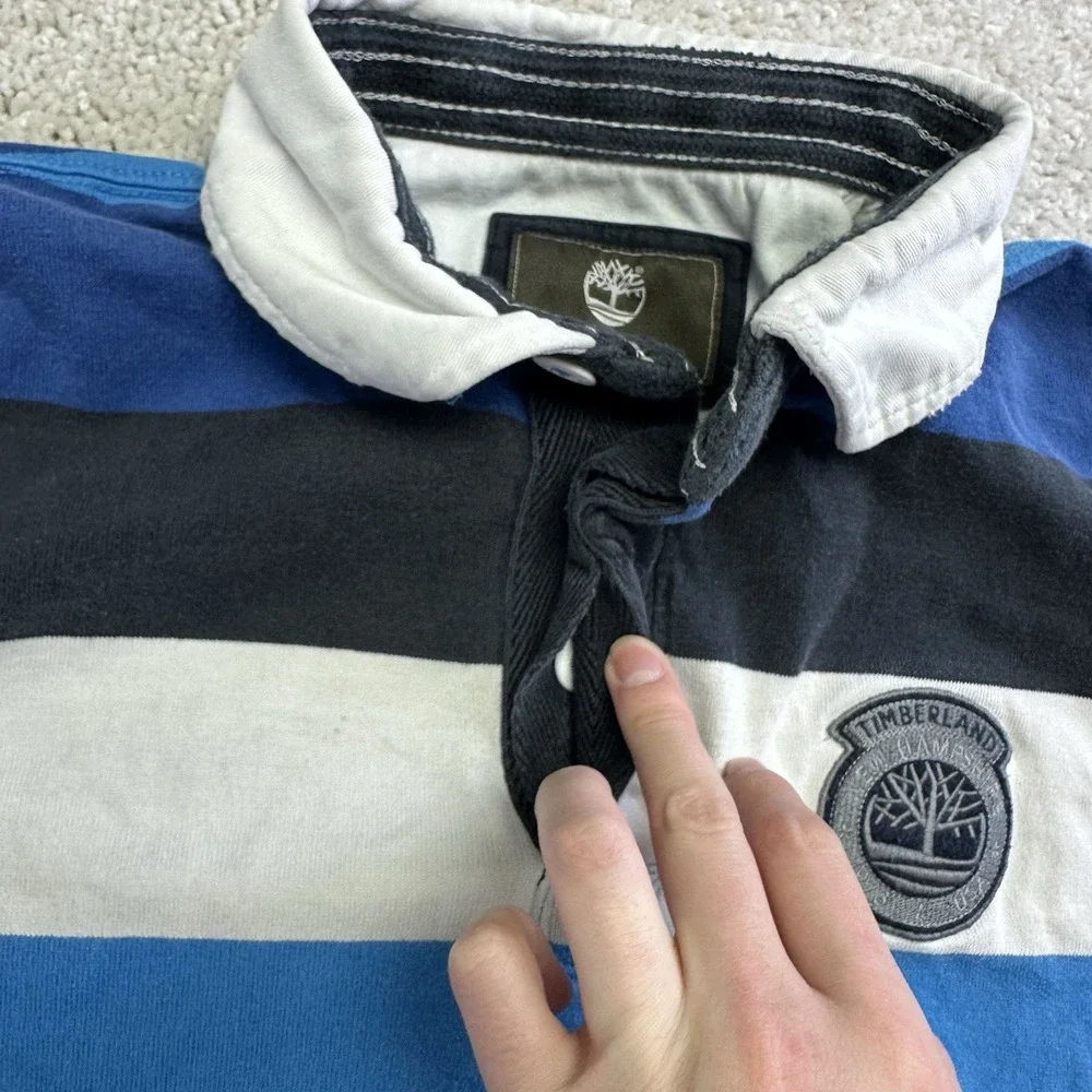 Vintage Timberland Men's Striped Long Sleeve Polo 100% Cotton Medium Y2K